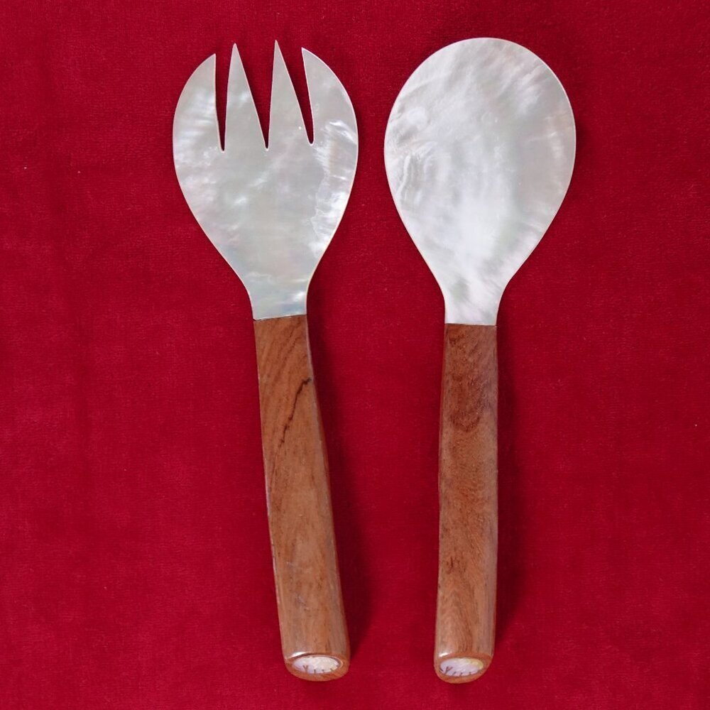 Salad Server Fork Spoon Tongs Natural Iridescent Capiz Mother of Pearl Seashell